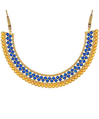 Golden Ball With Blue Stone Traditional Brass Necklace Jewellery Set With Earrings For Women Girls 6